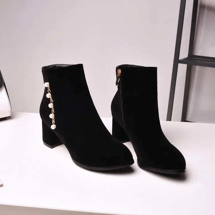 

Big Size 9 10 11 12 boots women shoes ankle boots for women ladies boots shoes woman winter Pearl beaded side zipper trim