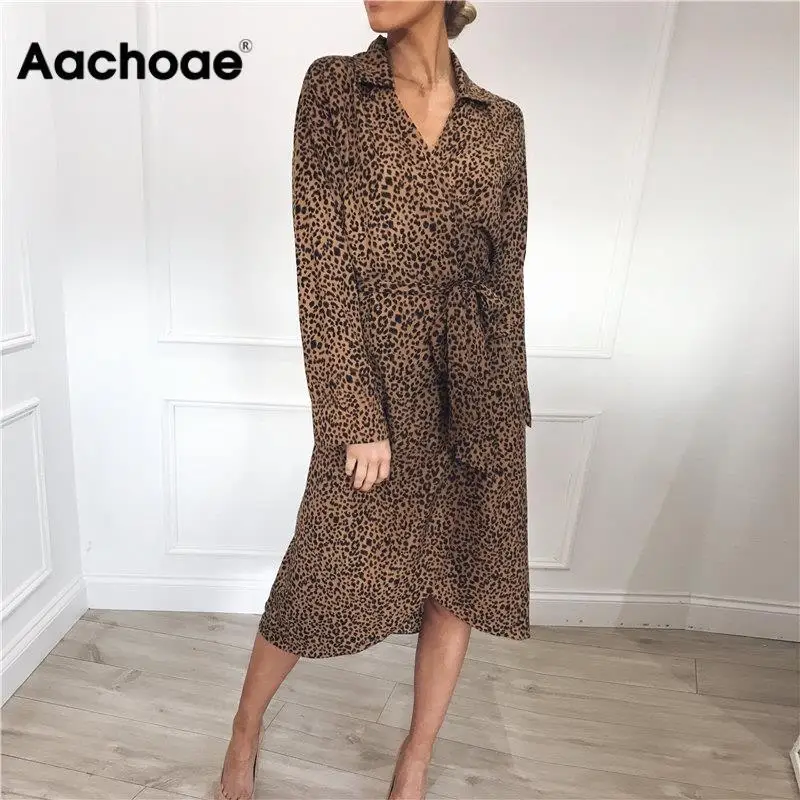 Женское леопардовое платье Aachoae повседневное длинное с отложным воротником
