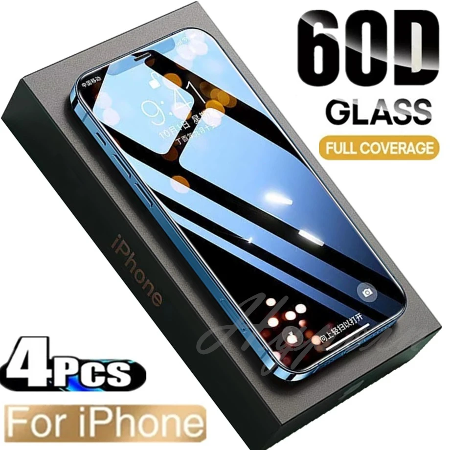 60D 4PCS Full Cover Protective Glass on For iphone 12 X XS XR Tempered Glass Iphone 13 11 Pro Max Protection Screen Protector