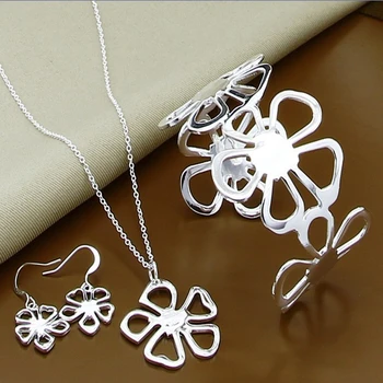 

Top Quality 925 Sterling Silver Fashion Elegant Plant Flower Necklace Earrings Bangles Set Female Women Jewelry