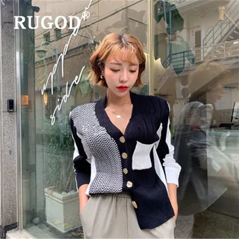 

RUGOD 2019 New Women Patchwork Knitted Cardigan V-neck Long Sleeves Irregular Stiching Colorful Slim Sweater Korean Chic Coat