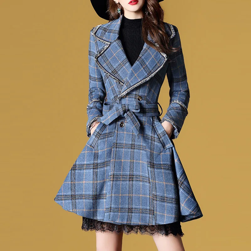 

French Plaid Woolen Coat Women's 2019 Autumn And Winter New Style Waist Hugging Retro Short-height Woolen Overcoat Europe And Am