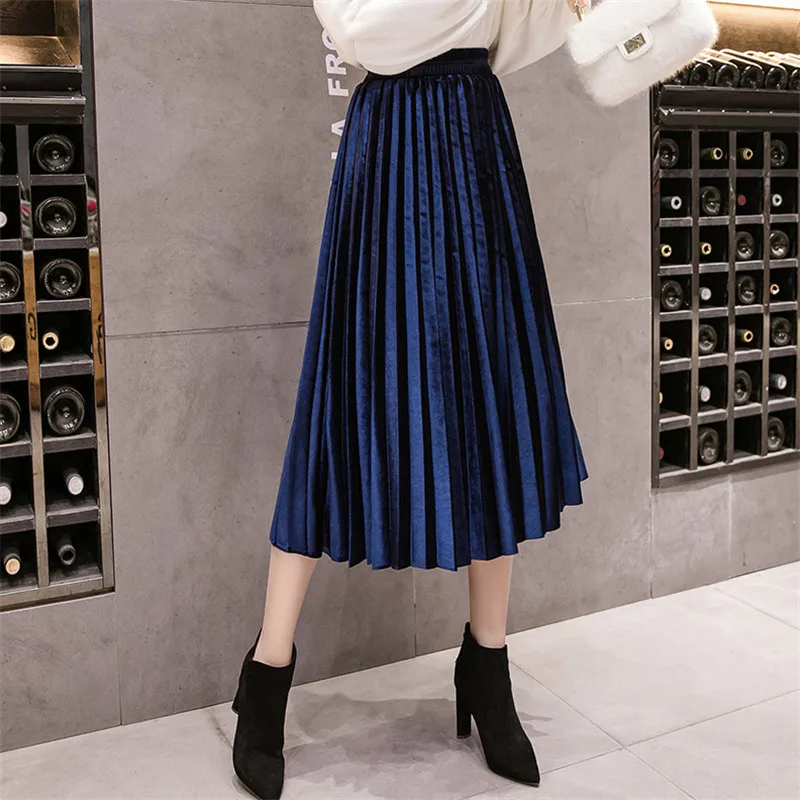 Осенне-зимние женские плиссированные юбки винтажные с высокой талией однотонные бархатные Юбки Повседневная рабочая одежда миди юбка плюс размер
