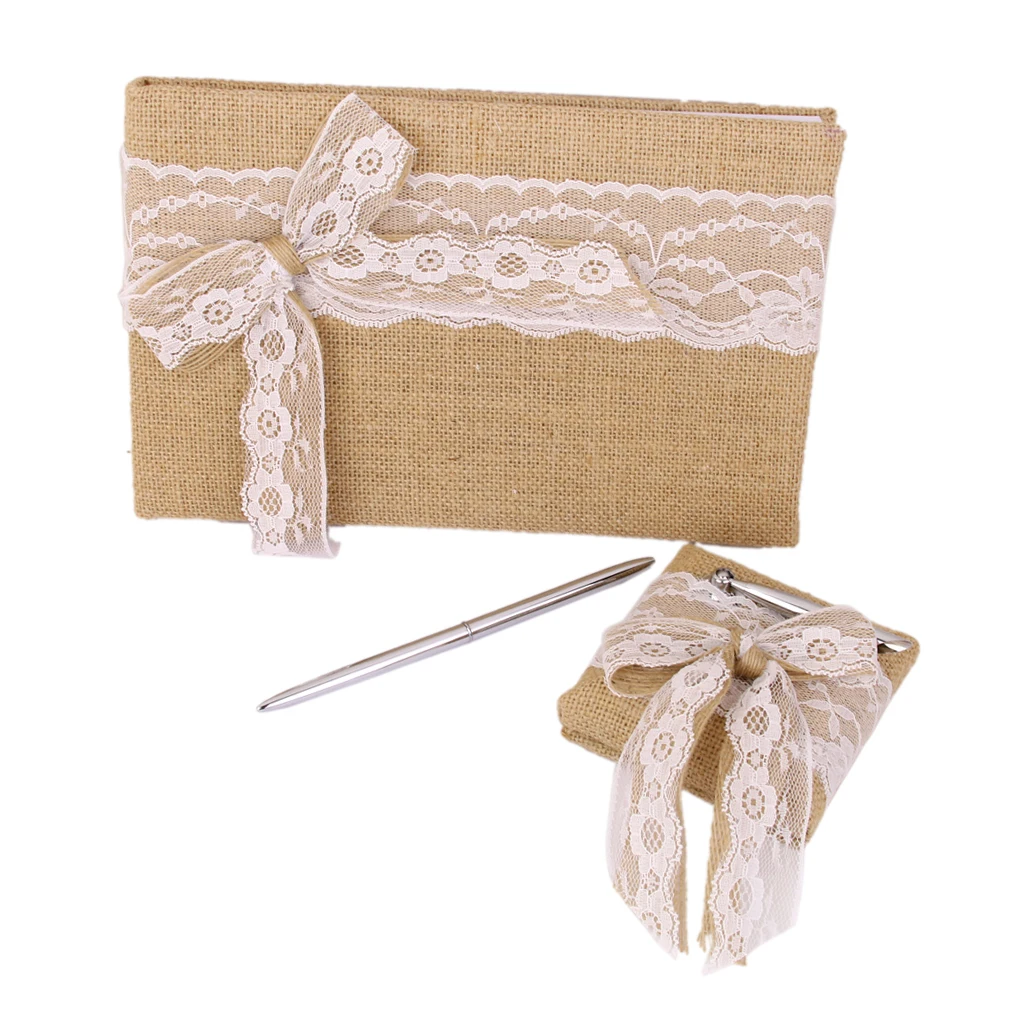 Rustic Chic Burlap Hessian Jute Wedding Guest Book & Pen Set W.Lace Bowknot