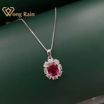 

Wong Rain 100% 925 Sterling Silver Oval Created Moissanite Ruby Gemstone Pendent Necklace Fine Jewelry Wholesale Drop Shipping
