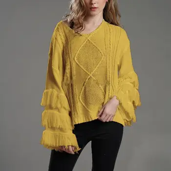 

Women Autumn Winter Long Sleeve Tassel Sweater Loose V-Neck Knitwear Pullover Casual Solid Ladies Tops