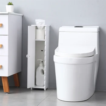 

Floor Mounted Toilet Side Waterproof PVC Paper Towel Storage Narrow Cabinet Bathroom Storage Rack Shelves Home Organizer
