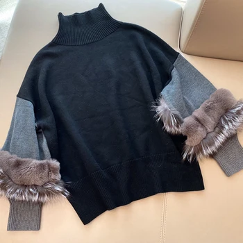 

Casual Black Sweater Women Autumn Long Fur Sleeve Turtleneck Sweater Pullover Female