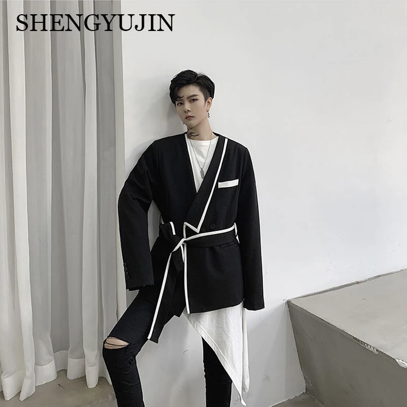 SHENGYUJIN осень новая личность нерегулярные воротник дизайн корейский тонкий мужской костюм волосы стилист Молодежный блейзер