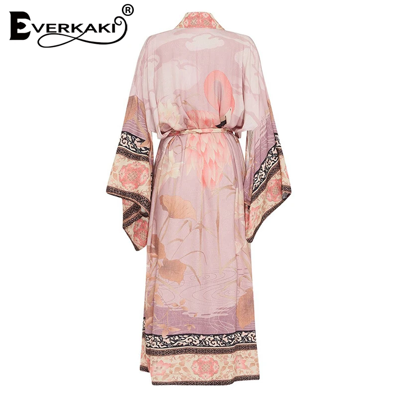 Everkaki Boho Цветочный принт пальто-кимоно женские пояса Розовый Цыганский осеннее женское длинное пальто-кимоно верхняя одежда женская Осень новинка
