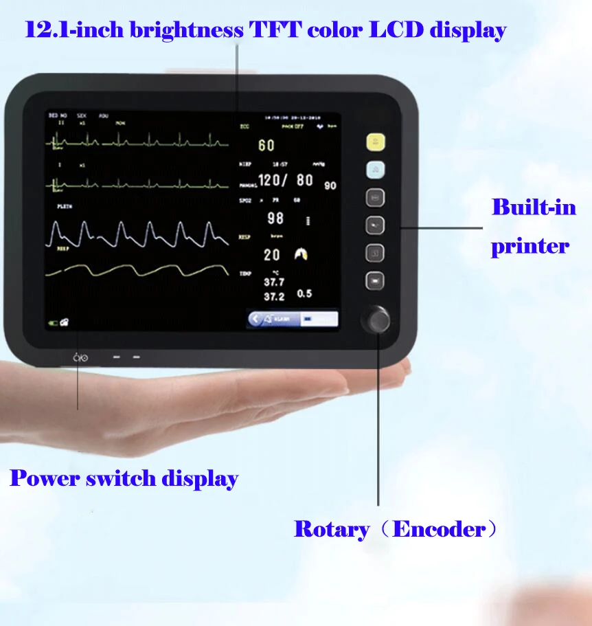 12.1in ICU мультипараметрический монитор портативный жизненный знак SpO2/PR/NIBP/ECG/TEMP/ETCO2