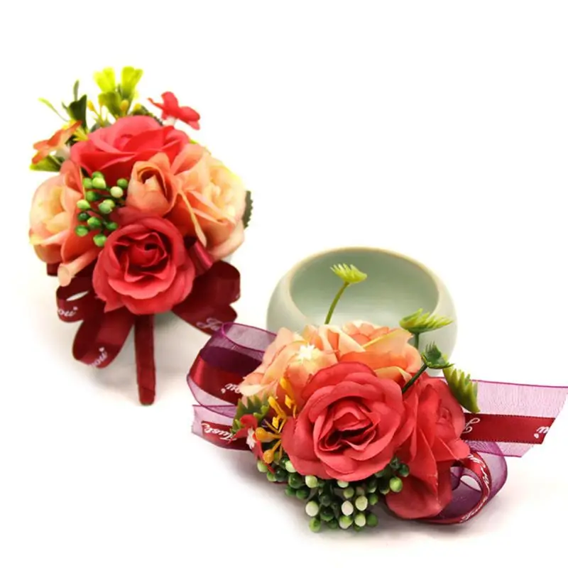 Свадебная Брошь бутоньерка на запястье для выпускного вечера контрастный цвет искусственный цветок ягодная лента бант браслет вечерние сувениры Декор