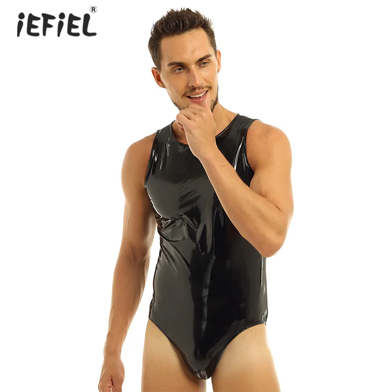 

Sissy Men Wetlook Patent Leather One-piece Latex Catsuit Clubwear Sleeveless Leotard Back with Zipper Lingerie Bodysuit Jumpsuit