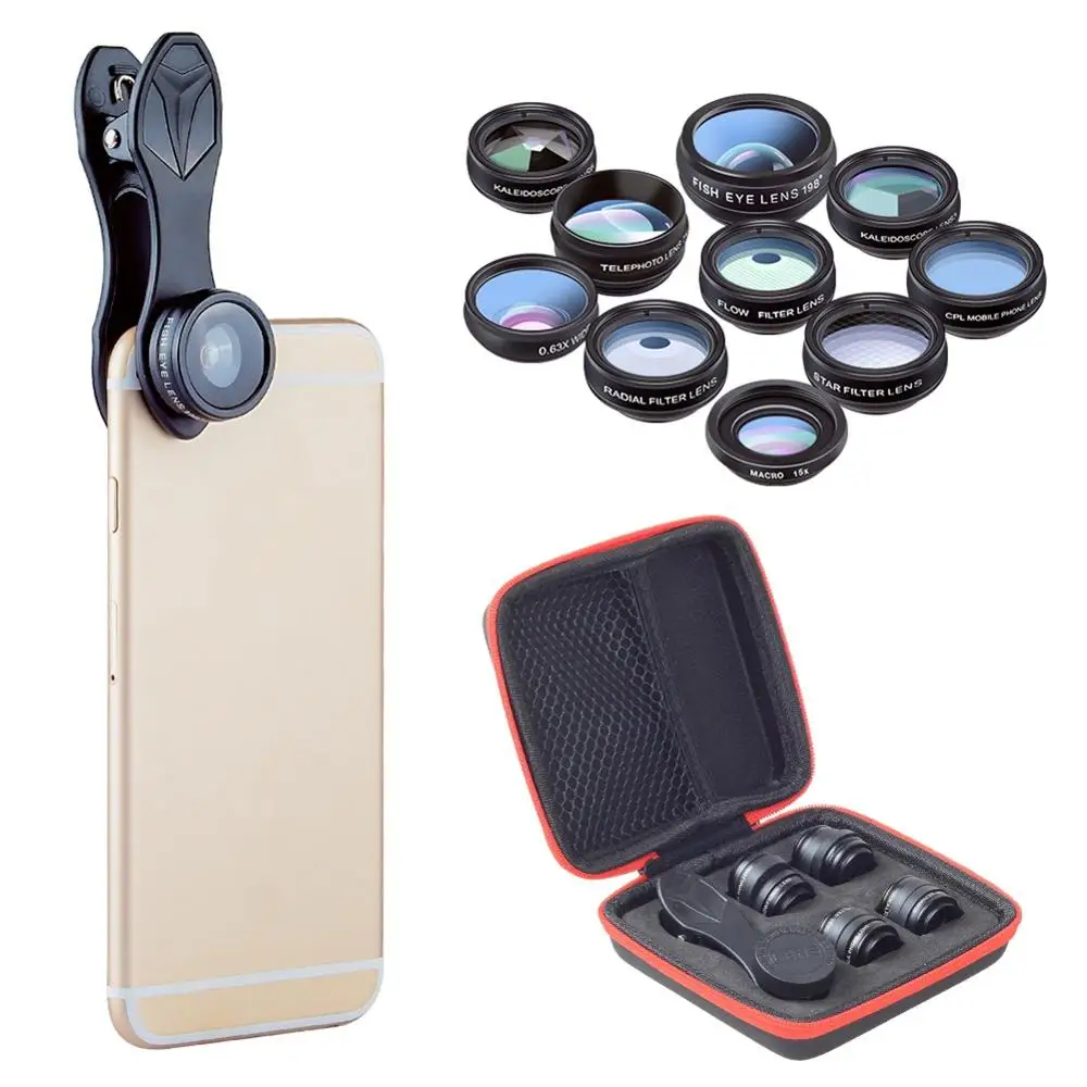 

10 in 1 Mobile Phone Lens Kit Fisheye Wide Angle Macro Lens CPL Filter Kaleidoscope+2X Telescope Lens Universal for Smartphone