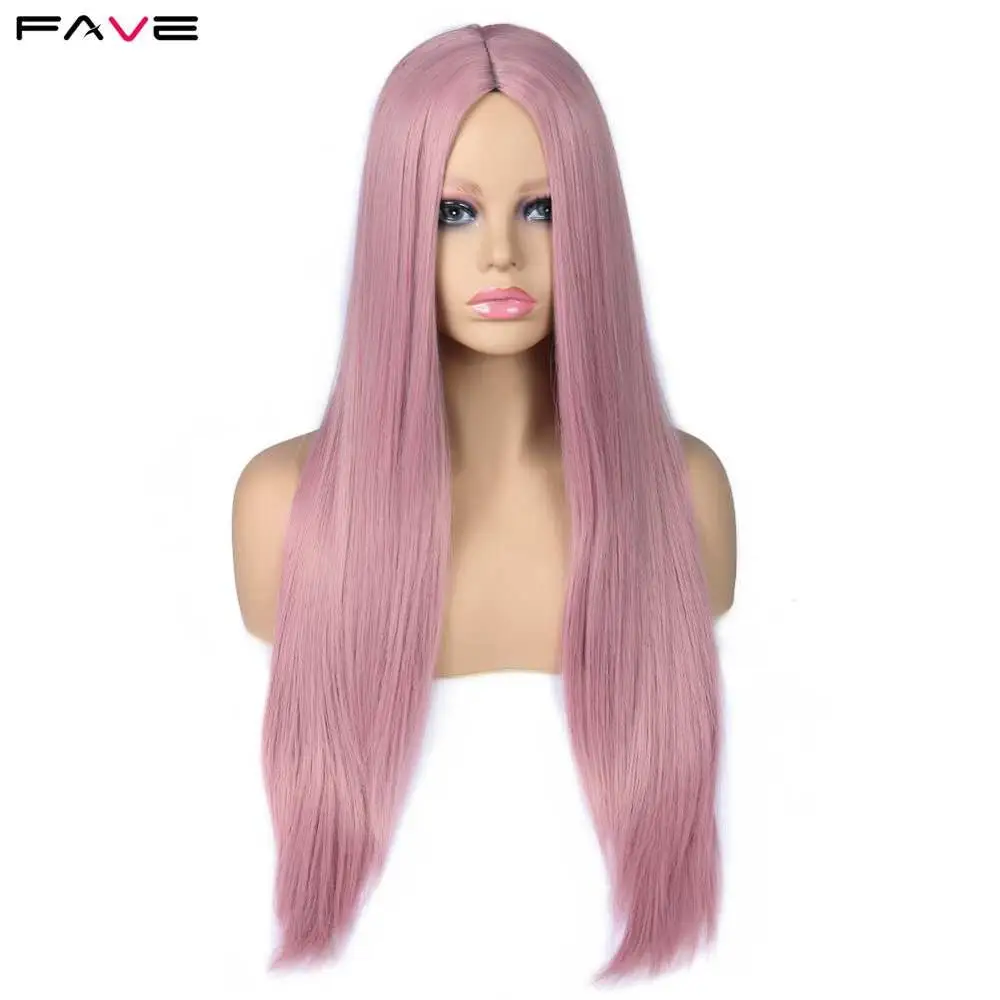 

FAVE Long Straight 24 Inch Synthetic Wigs Pure Pink Middle Part Heat Resistant Fashion Wigs For White /Black Women Cosplay