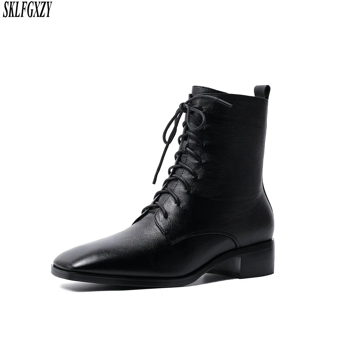 

2019 New Fashion Women's 100% Cowhide Leather Boots Winter Ladies Solid Color Martin Boots Short Warm Cotton Shoe