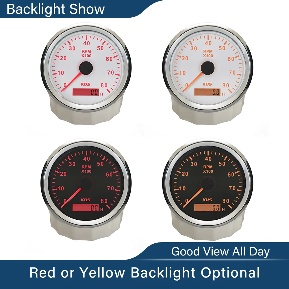 KUS Tachometer RPM Gauge REV Counter with Hour Meter 6000RPM 85mm 12V/24V with Backlight