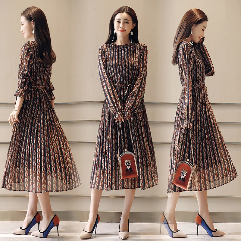 

2019 Spring Clothing New Style Fashion Chiffon Skirt Children Mid-length Waist Hugging Slimming Base Long Floral-Print Dress