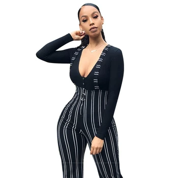 

2019 New Women Clubwear Trouser Playsuit Bodycon Party Jumpsuit Suspender Flared Pants Overalls Formal Clothing Stripe Front Zip