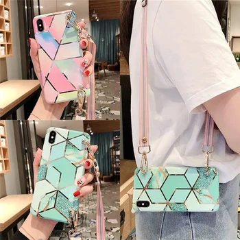 

Luxury Plating Geometric Crossbody Lanyard Silicone Case for Samsung S20 Plus S8 S9 S10 S20 Ultra A51 A71 A41 A50 A70 Note 10+ 9
