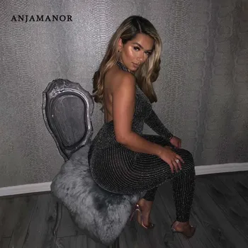 

ANJAMANOR Sexy Backless One Shoulder Bodycon Jumpsuit Women Glitter Striped Black Sexy Party Club One Piece Outfit D87-AD22