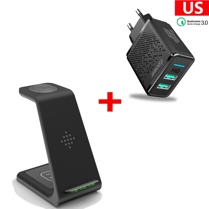 Black with US Plug 3 в 1 Беспроводное зарядное устройство для samsung Note 10 9 8 S10 S9 S8 Galaxy Watch Active/Galaxy Buds 10 Вт быстрое зарядное устройство беспроводная док-станция - Цвет: Black with US Plug