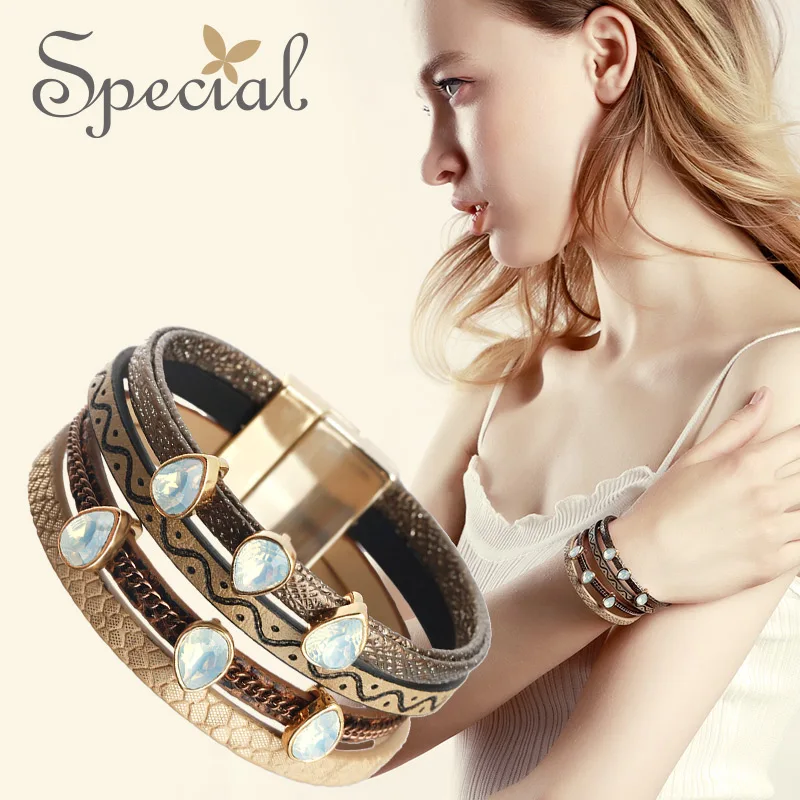 

Special Brand Fashion Natural Stone Bracelets & Bangles Vintage Multi-layer Bangles PU Leather Gifts for Women S1702C