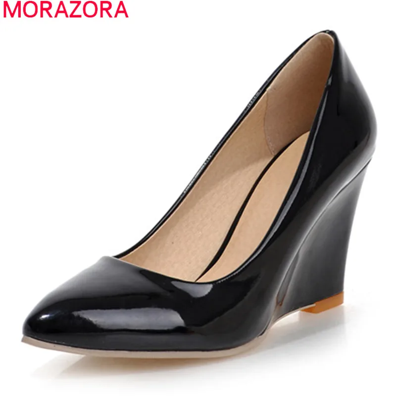 MORAZORA/; модные туфли на высоком каблуке; женские Вечерние туфли на танкетке с острым носком; летние женские туфли-лодочки из лакированной кожи; большие размеры 33-43