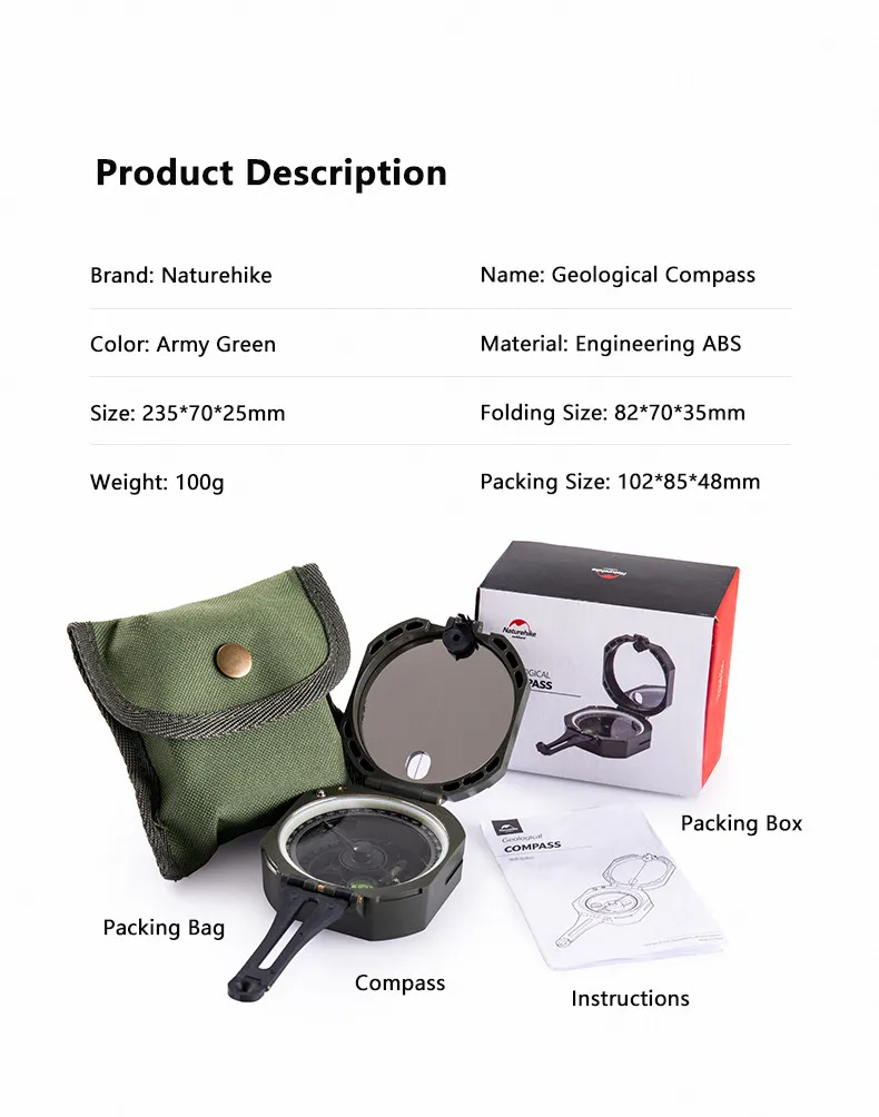 Fluorescente de Alta Naturehike Bússola Acampamento Militar Precisão Portátil Multifunções Pesquisa Geológica 8 Cheap Bússola