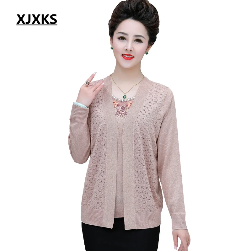 

XJXKS Fall 2022 Oversized Sweater Fashion Embroidery Two-piece Top + Cardigan Long-sleeved Knit Women Sweater Set