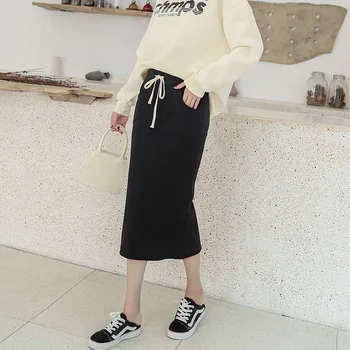 

Women Spring Skirts Pencil Solid Lace-Up Front Mid-Calf Empire High Waist Young Casual Long Skirt