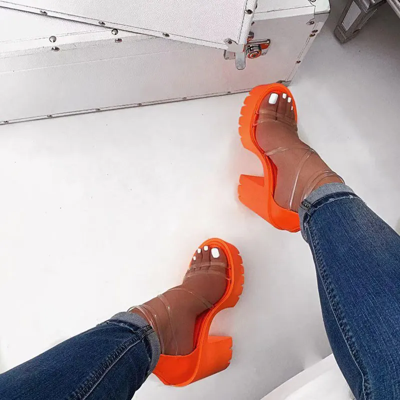 

Orange PVC Jelly Sandasls Peep Toe Thick High Heels Women Shoes Clear Narrow Band Platform Transparent Sandals Plus Size 37-41