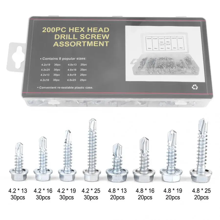 

200Pcs/set Self Tapping Durable Metal Drill Screws Assortment Kit Set