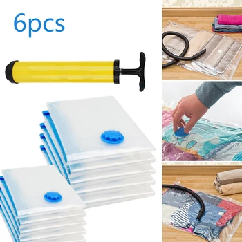 

6pcs Reusable Vacuum Storage Bag For Clothes Compression Bag With Hand Pump For Clothing Duvets Bedding Pillows Curtains