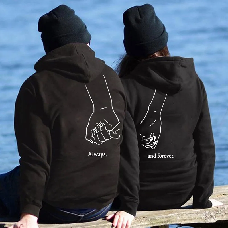 Парные толстовки с надписью «Hand in Hand Always Forever», женская и мужская толстовка с капюшоном, толстовки для влюбленных пар, повседневные пуловеры, подарок