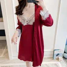 Новинка, пижама, пикантная сорочка, комплект, пижама, платье+ ночная сорочка, халат, белье, платье с кружевами, Шелковый комплект, пижама, Vestido Mujer