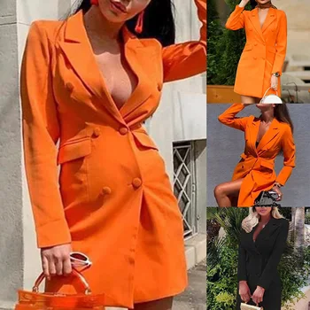 

Women Elegant Suit Coat Long Sleeve Double Breasted V Neck Formal Dresses Fall Winter XRQ88