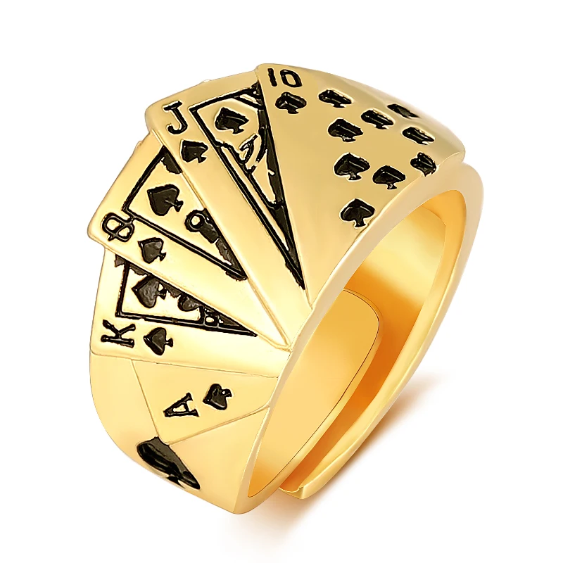 

Punk Style Poker Straight Flush Hearts Ring For Men Resizeable Punk Gold Color Rings