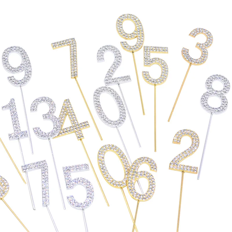 1Pc Gold Silver Diamond-studded Number 0-9 Rhinestone Collection Cake Topper for Birthday Party Dessert Cake Decoration Gifts