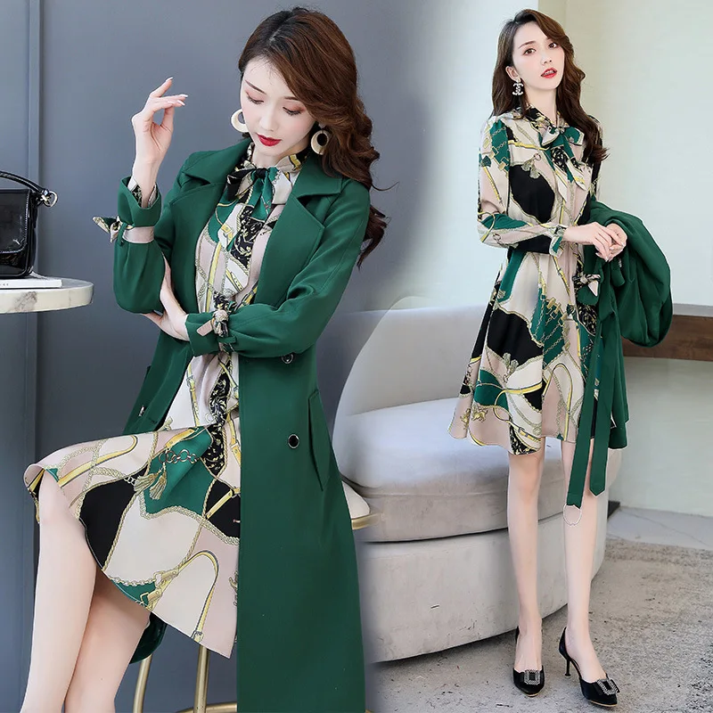 Women Knee Length Dress Suits Sashes Double Breasted Blazer Long Sleeve Dresses Work Ladies Office Wear 2 Piece Set Green Suite