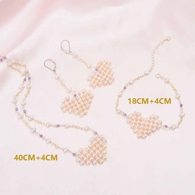 ASHIQI 925 Sterling Silver Natural Pearl Jewelry Set Natural crystal necklace Handmade heart Bracelet Earrings for women gift - Цвет камня: 40cm and 18cm