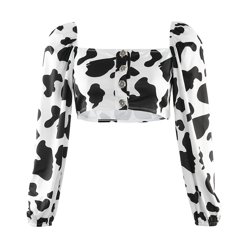 Винтажная приталенная Женская Осенняя рубашка с принтом коровы и длинными пышными рукавами, укороченный топ, Женские повседневные топы с квадратным вырезом на спине и пуговицами Vestidos - Цвет: White