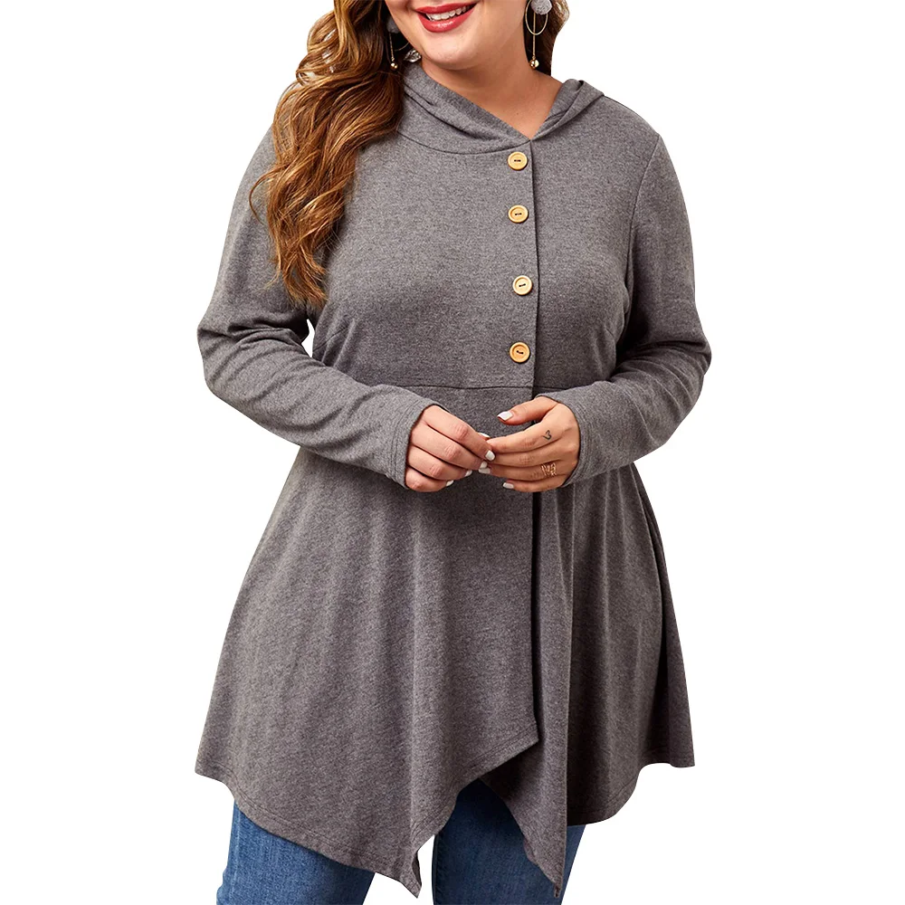 4XL размера плюс, Женская толстовка с неровным подолом, толстовка с капюшоном, весенний Повседневный Однотонный пуловер с капюшоном на пуговицах, bluzy damskie - Цвет: Серый