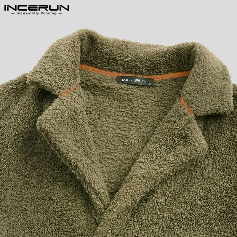 INCERUN/мужские куртки, флисовые теплые пальто с длинными рукавами, модная пушистая зимняя верхняя одежда с лацканами, уличная одежда, 7