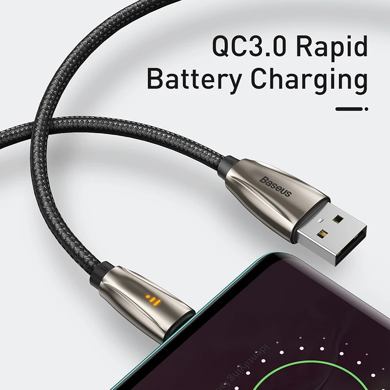 Baseus usb type-C кабель для Samsun S9 S10 Quick Charge 3,0 USB C кабель для Xiaomi Redmi Note 8 Pro светодиодный usb type USB-C провод