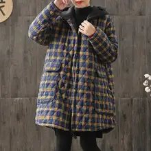 FAKUNTN Johnature Women Hooded Plaid Parkas Vintage Button Coats Loose 2021 Autumn Winter New Pockets Female Casual Warm
