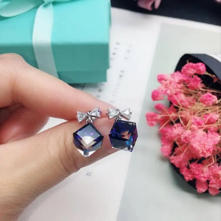 S925 Стерлинговое Серебро Изысканный aurora квадратные серьги с кристаллом темперамент серьги