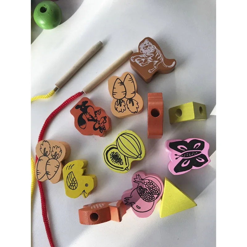 Детские деревянные ниспадающие бисерные игрушки животные фруктовый блок шнуровка бусины игрушка для активного отдыха Ранние развивающие ручной работы DIY детские игрушки
