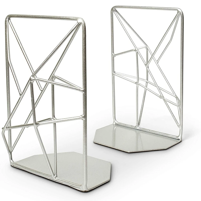 

2 Pcs Silver Geometric Bookends, Frosted Decorative Iron Bookends, Office Creative Bookshelves, Rustic Decorations