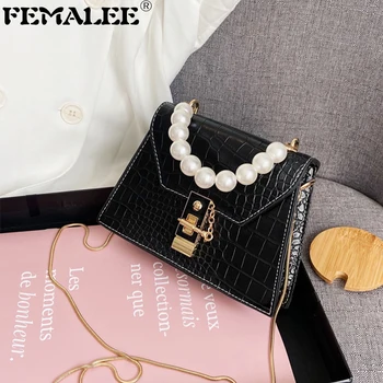 

New Women Pearl Handle Handbag Vintage Crocodile Pattern Crossbody Bags For Female Luxury Portable Alligator Underarm Flap Purse